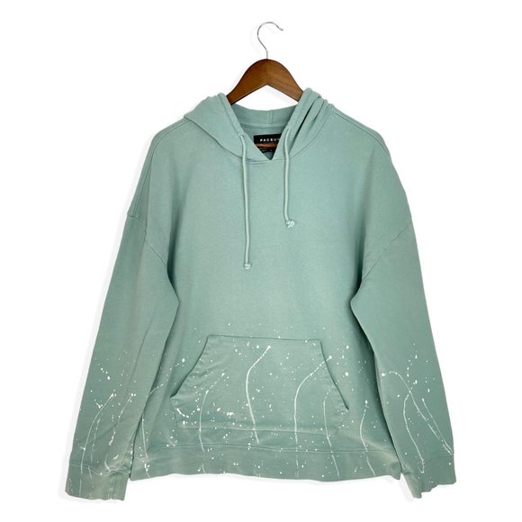 PacSun Sweaters - PacSun Graphic Hoodie Sweater Unisex L Green Oversized Drawstring Paint Splatter
